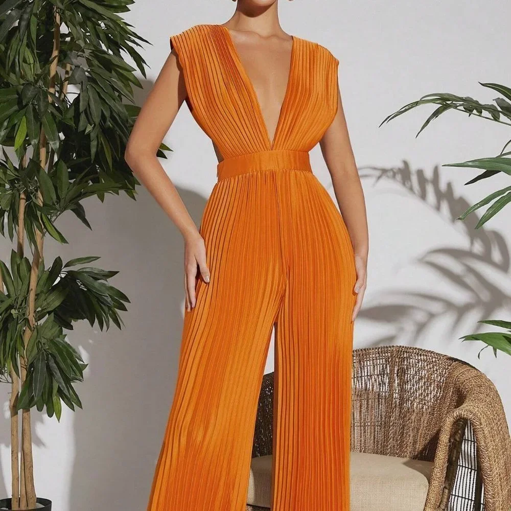 Plunging Neck Pleated Wide Leg Satin Jumpsuit Orange - Picture 1 of 5